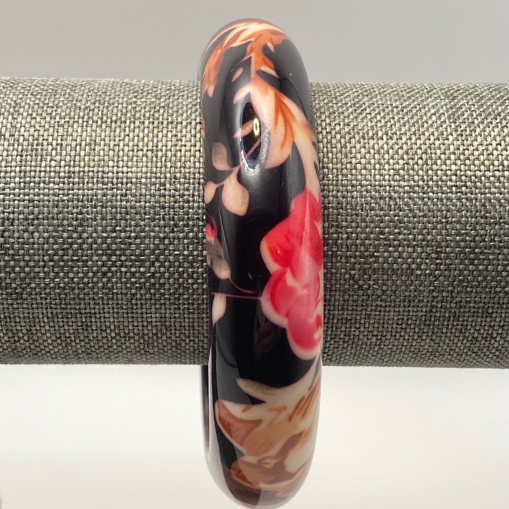 Vintage Bangle Bracelet Resin Acrylic Retro Floral Black Pink Brown 2.5"